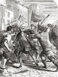 1780年のゴードン暴動の際、イギリス・ロンドンのウェストミンスター、パレスヤードで国会議員を襲撃した「ノー・ポパリー」暴徒たち。
