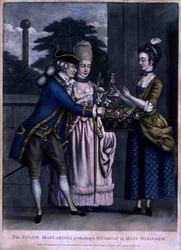 The Polite Maccaroni Presenting a Nosegay to Miss Blossom（ブロッサム嬢にノーズゲイを贈る礼儀正しいマカロニ）」は、カリントン・ボウルズ（1744年～93年）によって出版されました。