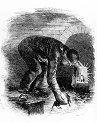 下水道のネズミ捕手、ヘンリーメイヒュー作「ロンドン労働者とロンドン貧者」のイラスト、1840年代