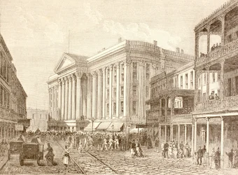 1880年代のニューオーリンズ、セント・チャールズ・ストリートのセント・チャールズ・ホテル（リトグラフ）。