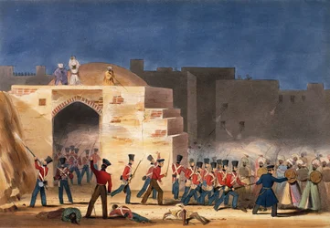 1839年のゲートウェイの内部ビュー、グズニーの嵐、第一次アフガン戦争