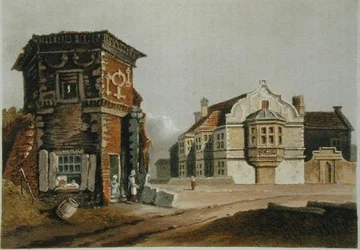 19世紀初頭に出版されたアッカーマンの「芸術のリポジトリ」に掲載されている「The Treaty House, Uxbridge」(カラーリトグラフ)