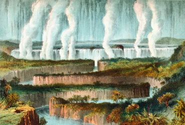 As Cataratas Vitória ou Mosi-oa-Tunya, rio Zambeze, Zimbábue, África Austral no século XIX. De The Life and Explorations of Dr. Livingstone publicado c.1875.