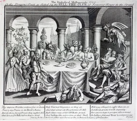 悪魔のような仮面舞踏会、または地獄のサマセットハウスでの地獄の火クラブによって演じられたドラゴンのごちそう、c.1721