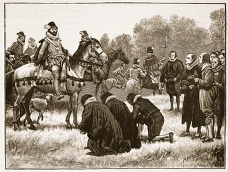 ジェームズへの嘆願を表す反対意見の神々、イングランドのカッセルズイラストレイテッドヒストリーからのイラスト（セピア写真）