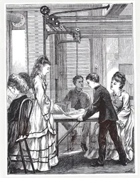 1871年のグラフィックから、ロンドンのテレグラフストリートの郵便局電信本部でメッセージを運ぶための道具
