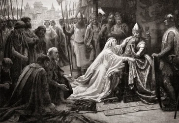 The wife of King Edward III, queen Philippa of Hainault, intercedes before her husband to ask that the lives of the seven Burghers of Calais be spared (print)   1439793   ja       japanese Successfully Translated  Original: Portrait of actor and director C