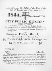 1834年にロンドンのニューストリートにあるシティパブリックキッチンから石炭とジャガイモを受け取るために貧困層に発行されたチケット