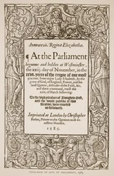 国会議事堂のタイトルページ、クリストファーバーカー（1528-99）、1585（セピア写真）によって印刷