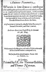 ジョバンニボッカチオのAmorous Fiammettaのタイトルページ、1587年発行の英語訳