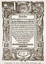 第39条のタイトルページ、1571年、イギリスの教会からの挿絵：HDM Spence-Jonesによる民衆の歴史、出版。 1910年頃（セピア写真）