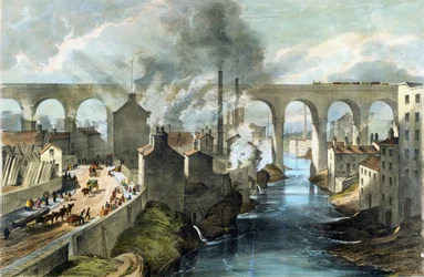 ストックポート高架橋を渡る列車、ロンドン・ノースウェスタン鉄道、1845年頃（カラーリトグラフ）