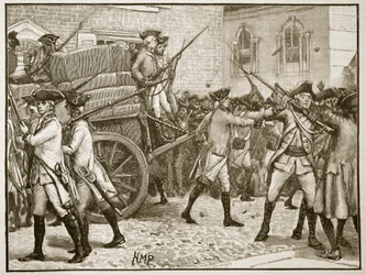 1766年、ニューヨークの市役所にスタンプされた紙を護衛する部隊、カッセルズイラストレイテッドイングランドオブイングランドのイラスト（セピア写真）