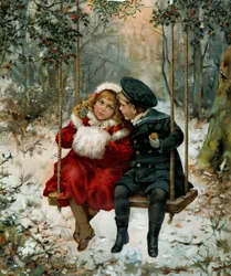 Duas crianças em um balanço. O menininho veste um terno de marinheiro e a menininha um regalo. Capa do Natal de 1905 “Illustrated London news”. Paris, Artes Decorativas