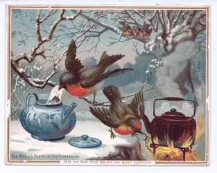 雪の降る冬の夜にお茶を作るロビンのビクトリア朝の年賀状、1880年頃（カラーリソ）