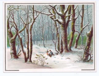2人の子供が雪の中で枝を集めているヴィクトリア朝のグリーティングカード、1880年頃（カラーリトホ
