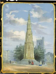 殉教者記念碑、オックスフォード（張り子張り子）のシーンで飾られたビクトリア朝の縫製キャビネットパネル