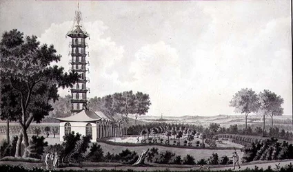 中国のパゴダのあるオランダ庭園の眺め、1770年頃（紙にペンとインクと水彩画