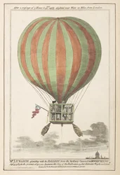 1784 年 9 月、ムアフィールズからの上昇後に空中に浮かぶヴィンセント・ルナルディ (色付きの彫刻)