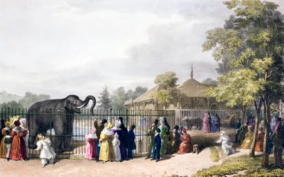 ヴィクトリア朝時代のリージェンツ・パーク、ロンドン動物園の来園者（カラーリトグラフ）
