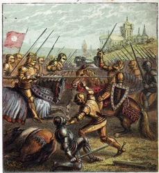 二つの薔薇の戦争（1455-1485）、テュークスベリーの戦い（1471年5月4日）。エドワード3世（1327-1377）の後継者たちが2つの枝に分かれたことで生まれたイギリス内戦のイラスト。テュークスブリーの戦い：薔薇の戦争の最後の戦い