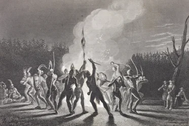 「歴史的肖像画のギャラリー」からの1748年のインディアン戦争ダンスでのワシントンとフェアファックス、1880年頃出版