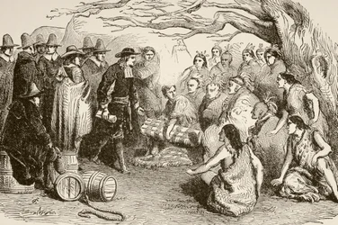 1682年、ウィリアム・ペンがデラウェア族またはレナペ族と条約を結ぶ（リトグラフ）。