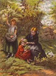 少女の髪に花を着せる女性（カラーリトグラフ）