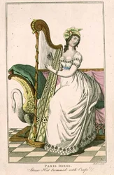 ハープを弾くパリ・ドレスと縮緬で縁取られた麦わら帽子の女性。「婦人雑誌」の挿絵で、J.Mutlow（fl.1810-40）が1817年頃に彫ったもの。