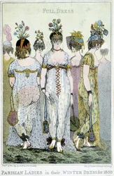 素晴らしい。1800年の冬のドレスを着たパリの女性たち、英語の漫画です。