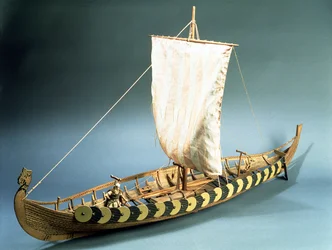 1880年にノルウェーのゴクスタッドで発見されたバイキング船のリギングモデル（木）