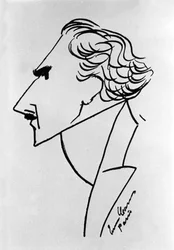 イタリアの指揮者、アルトゥーロ・トスカニーニ（1867-1957）の漫画。テノール歌手エンリコ・カルーソーの絵。1908年頃