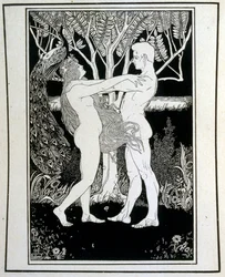 エフライム・モーゼス・リリアン（1874-1925）が挿絵を描いた『ユダ』の中の「アダムとイブ（無邪気）」。リリアンは、ユーゲントシュティル（ドイツのアールヌーボー）様式で制作されたシオニストの図像の父と言われている。彼は、聖書の本である「ユダ」（1900年）の挿絵を担当しました。