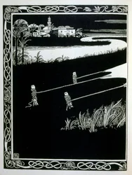 エフライム・モーゼス・リリアン（1874-1925）が描いた『ユダ』の中の「ゲモルヘ（ゴモラ）の前のエナック」。リリアンは、ユーゲントシュティル（ドイツのアールヌーボー）様式で制作されたシオニストの図像の父と言われている。挿絵を担当したのは「Juda」（1900年）。