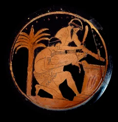 ギリシア美術：陶製の赤い人物が描かれたカップ、宗教儀式の際に祭壇で豚を生け贄に捧げるメダリオン。エピドロモスの画家の作品。紀元前500年。パリ、ルーヴル美術館
