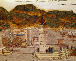 クレタ島のカンディ港（現在のイラクリオン）の眺め ベルナール・デ・ブライデンバッハ（1454-1497）の聖地巡礼の後の旅の本「peregrinatio in terram sanctam」のページ エルハルト・レの彫刻による挿絵