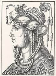 「スルタン・ロクセレーン (ルセラジエ (ルテニア人)、またはヒュッレム (ニー・アナスタシア・リソフスカ、1500-1558年頃) の肖像画、スルタン・スレイマン・ザ・マグニフィセントの妻」) エアハルト・シェーン (1491-1592) による木版画 1532年頃 ヘルツォーグリチェス博物館 ゴータ