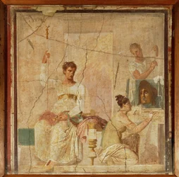 神々に仮面を捧げる役者たち イタリア、ヘルクラヌムの紀元前4世紀のギリシアの原画を模写した壁画