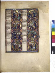 全ページ：細密画を囲む8つのメダイヨンとテキスト、1225-1250年頃（羊皮紙にテンペラ画）