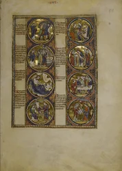 全ページ：細密画を囲む8つのメダイヨンとテキスト、1225-1250年頃（テンペラ画）