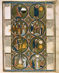 全ページ：8つのメダイユとそれに付随するテキスト：世界の創造、1225-1250年頃（テンペラ画）
