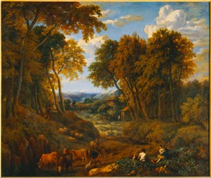 Paysage avec bergers et troupeaux dans un chemin forestier - 森の中の小道で羊飼いと群れのいる風景。