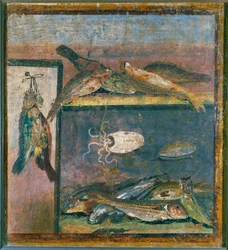 鳥、魚、タコの静物画
