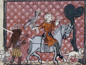 Roy 19 C I. Folio No: 204 世俗的な虚栄心の罪：タカと猟犬を連れたライダーに悪魔が近づく。 マトフレ・エルメンガウの詩からの誘惑を描いたセットの 1 つ、1300～1320 年頃