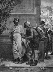 古代ギリシャのオストラシズム。「アリスティードと農民」。アテネの政治家「正義の味方アリスティード」を認めない無教養な農民が、オストラシズムで殴られ、シャンクに自分の名前を書いてくれと頼んでいる。ユージン・エルネの絵の後のエングレーヴィング