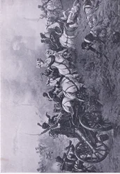 1815年6月18日、ウォータールーでの第52オックスフォードシャー軽歩兵連隊によるフランス軍の砲撃、陸と海でのイギリスの戦い、1915年の図解