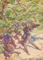 川に下りて現在、彼女はオオカミを飲みました、c1912 1912