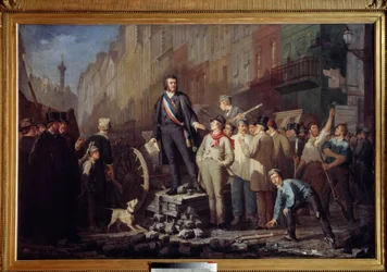1851年12月3日、サン・アントワーヌ広場のバリケードに立つアルフォンス・ボーダン（1811-1851） 1851年12月2日のルイ・ボナパルト（後のナポレオン3世）のクーデターによる反乱の際、副官のアルフォンス・ボーダンは、パ