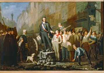 1851年12月2日のクーデター後、パリ近郊のサン・アントワーヌのバリケードに立つジャン＝バティスト・アルフォンス・ボーダン...（キャンバスに描かれた絵）