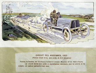 レース：1903年のアルデンヌのサーキット、アーネスト・モントー（1878-1909）の絵。